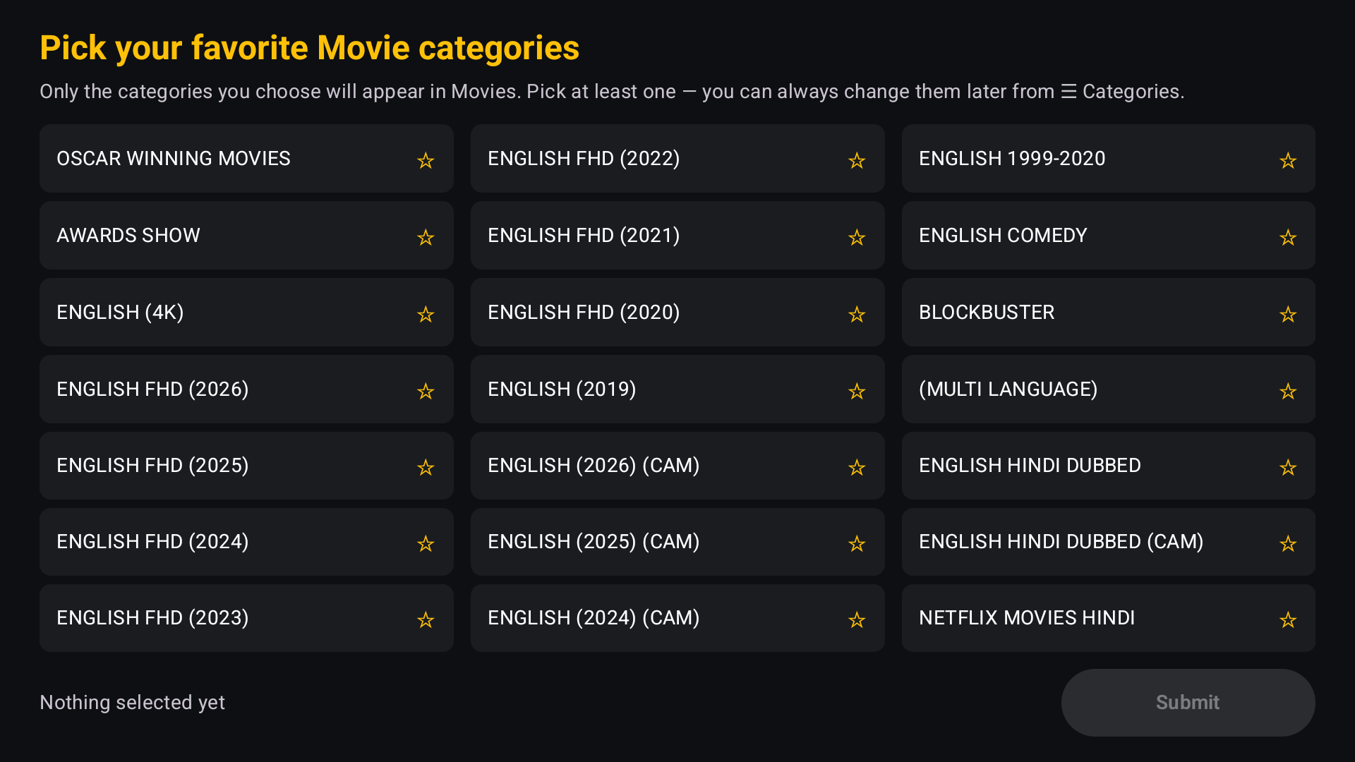 Pick your favorite movie categories