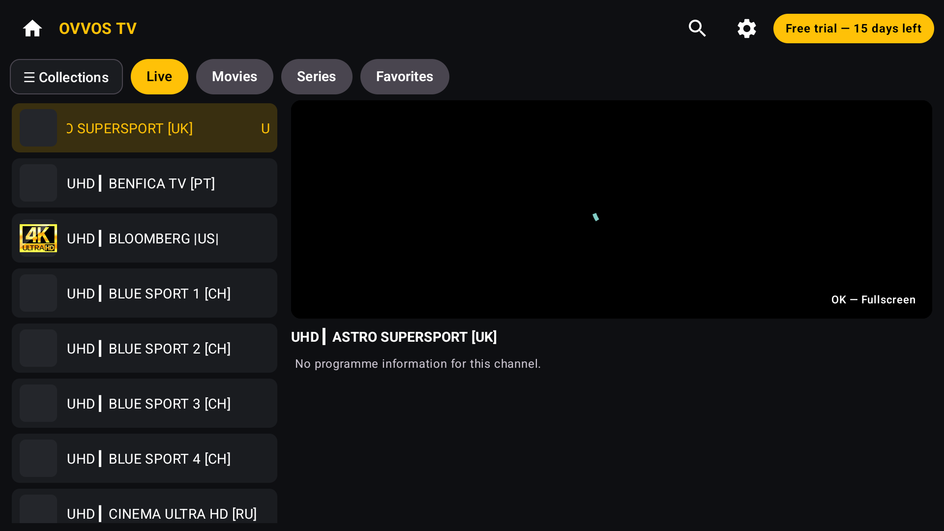 Live TV with channel list, inline preview and EPG