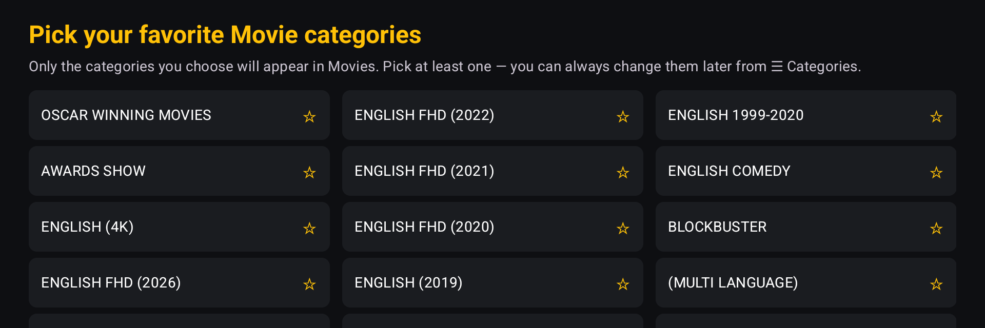 OVVOS TV onboarding: pick your favourite movie categories
